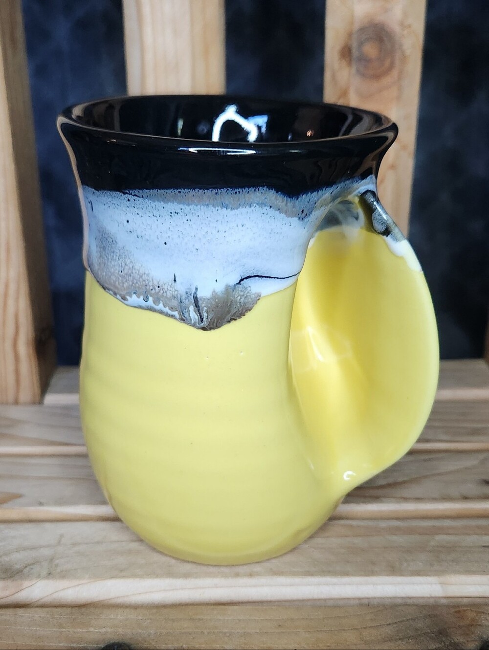 NEHER Handmade Yellow Black Drip Glaze Ceramic MUG USA Signed Hand Warmer 2023